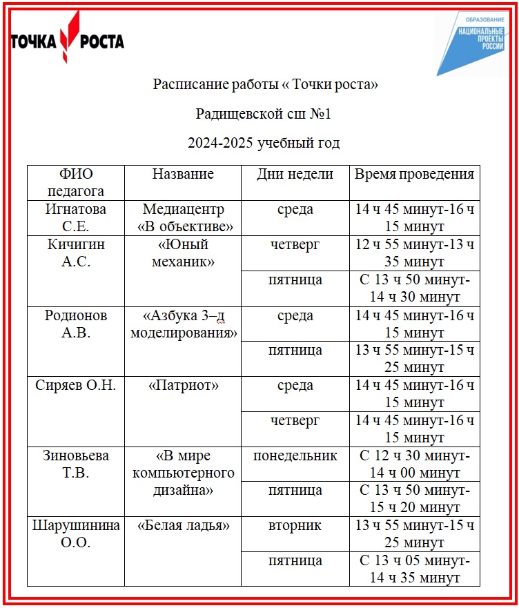 Расписание работы &amp;quot;Точки Роста&amp;quot;